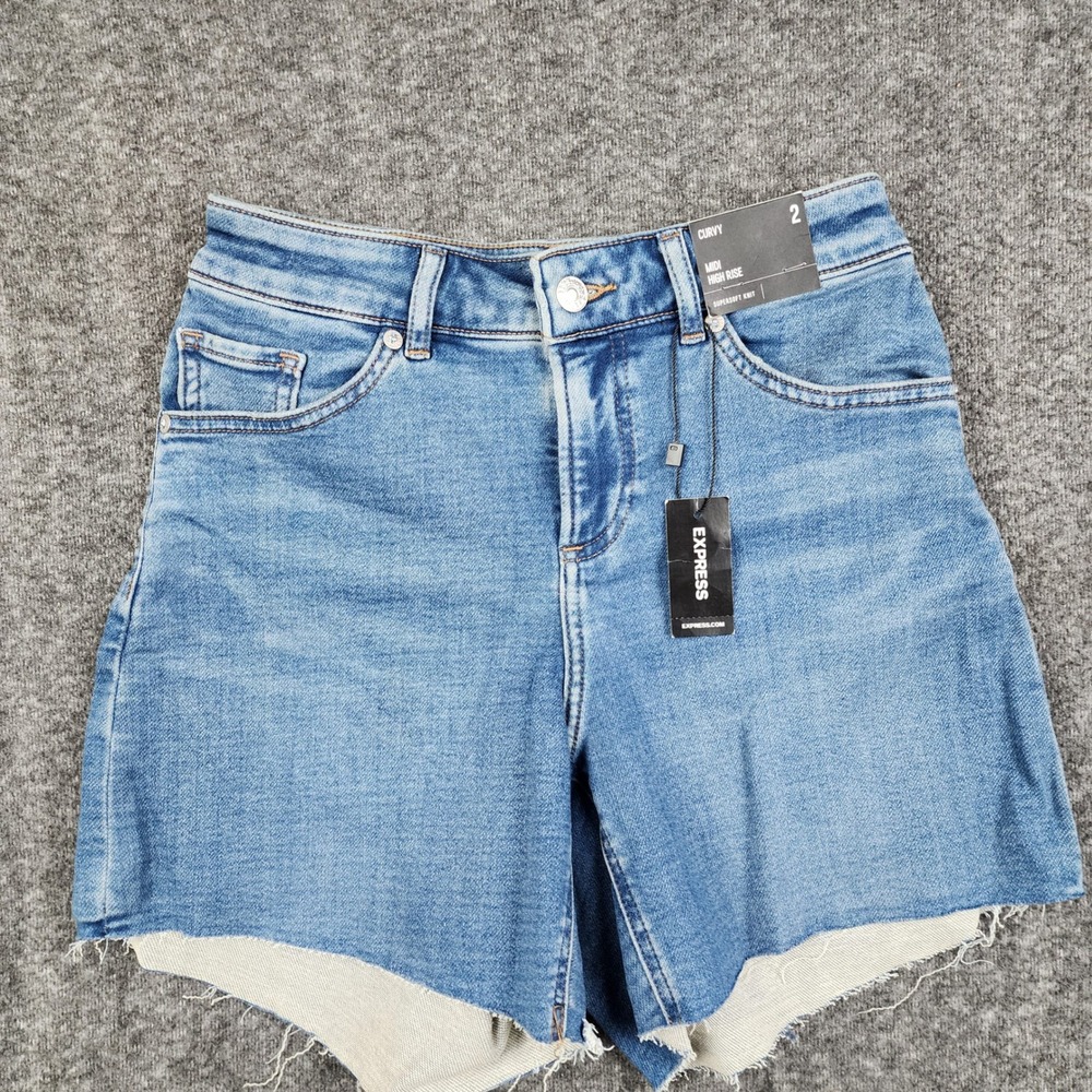 Express Denim Shorts Women 2 Blue Curvy Midi High Rise Raw Hem Supersoft Knit